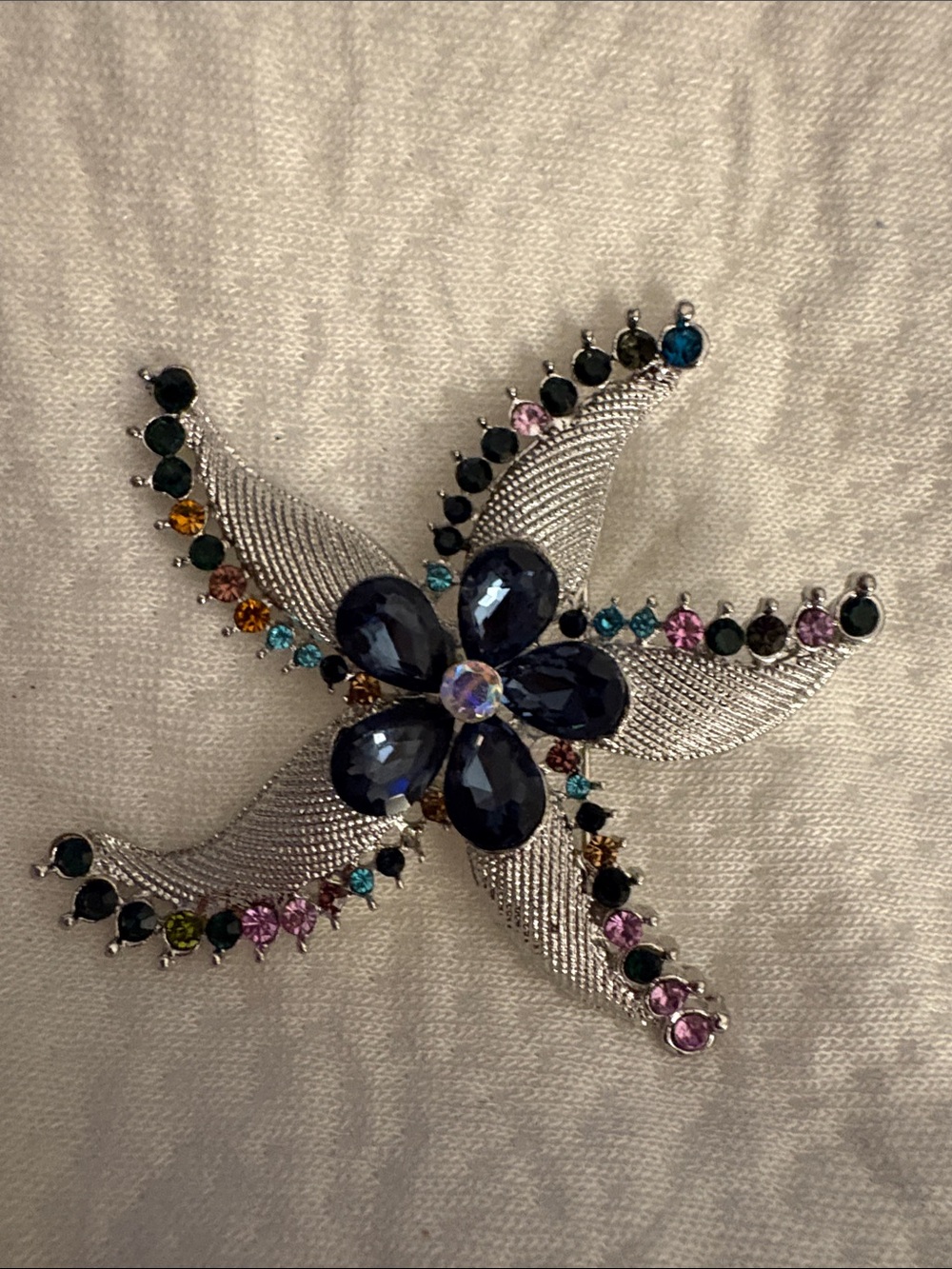 Multicolor Crystal Starfish Brooch with Navy Centerstones